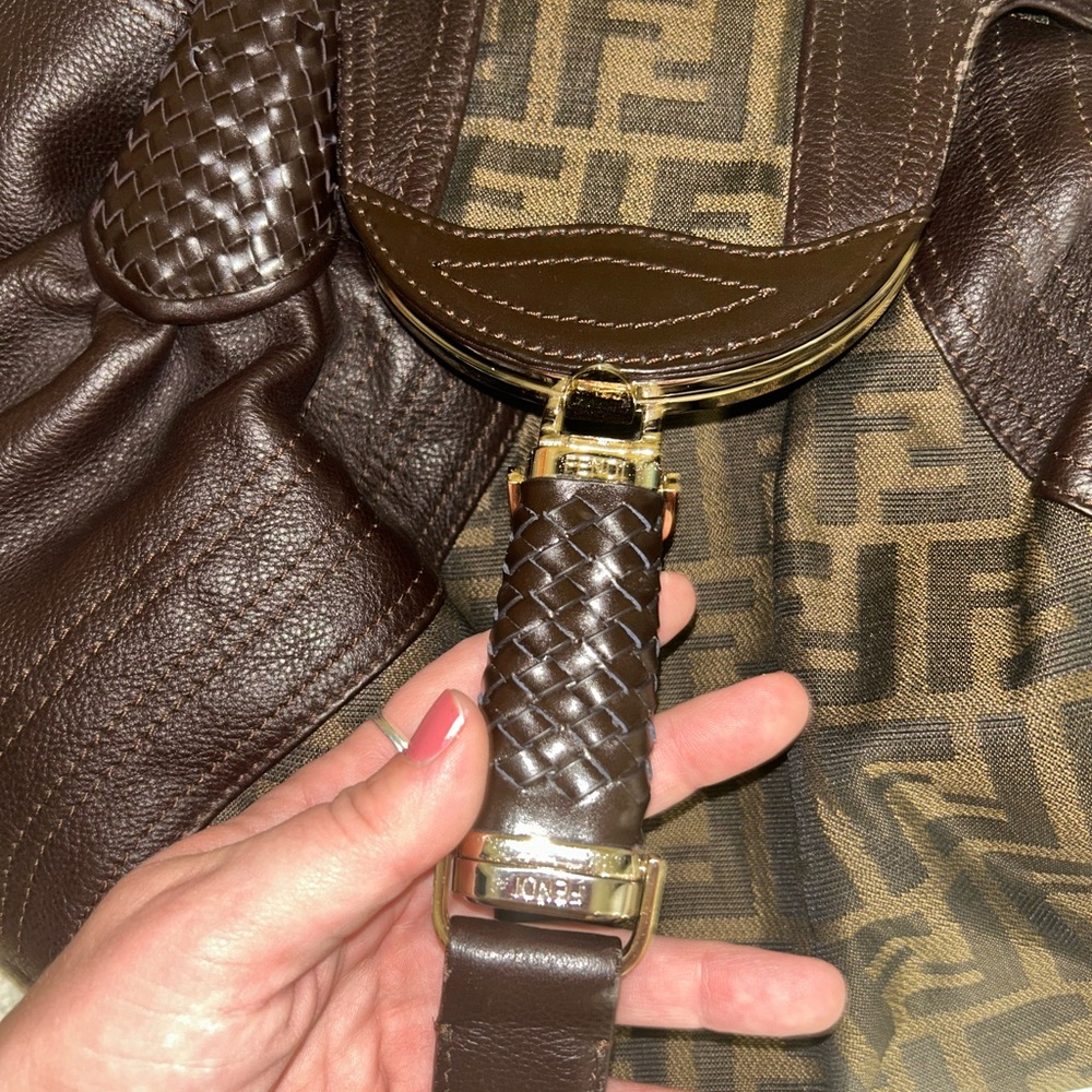 Designer-Inspired Brown Leather & Monogram Shoulder Bag - Picture 2 of 9
